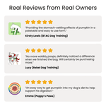 Reviews from real owners about a product for dogs, with star ratings and quotes.