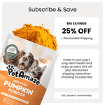 PetAmaze pumpkin powder package with promotional text for subscribing and saving.