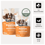 Two packages of PetAmaze pumpkin powder with branding and product details on a white background.
