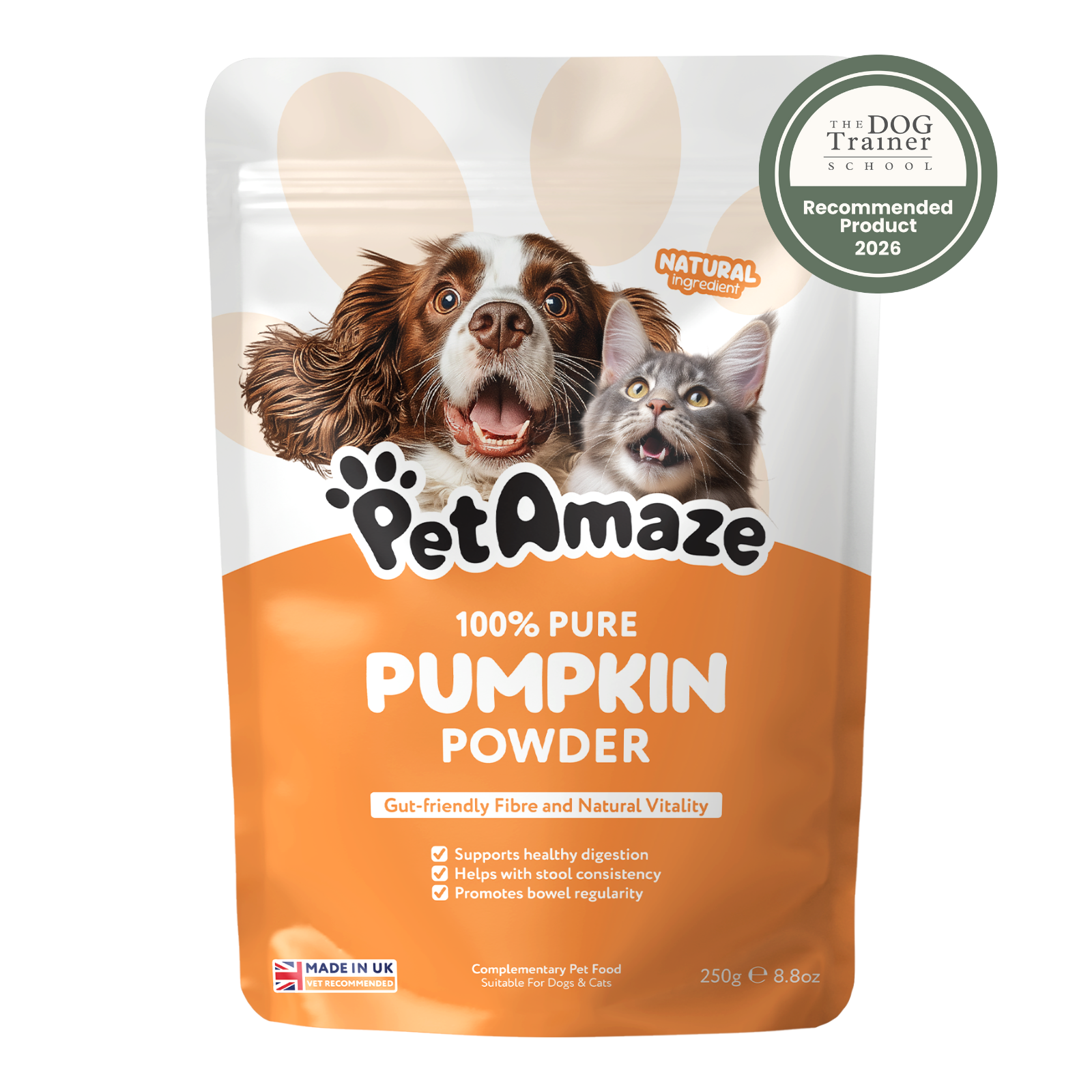 PetAmaze pumpkin powder package with a dog and cat on the label, featuring a 'Dog Trainer Recommended Product 2026' badge.