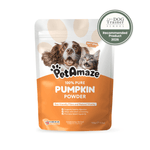 PetAmaze 100 grams pumpkin powder package with a dog and cat on the label, featuring a 'Recommended Product 2026' badge.
