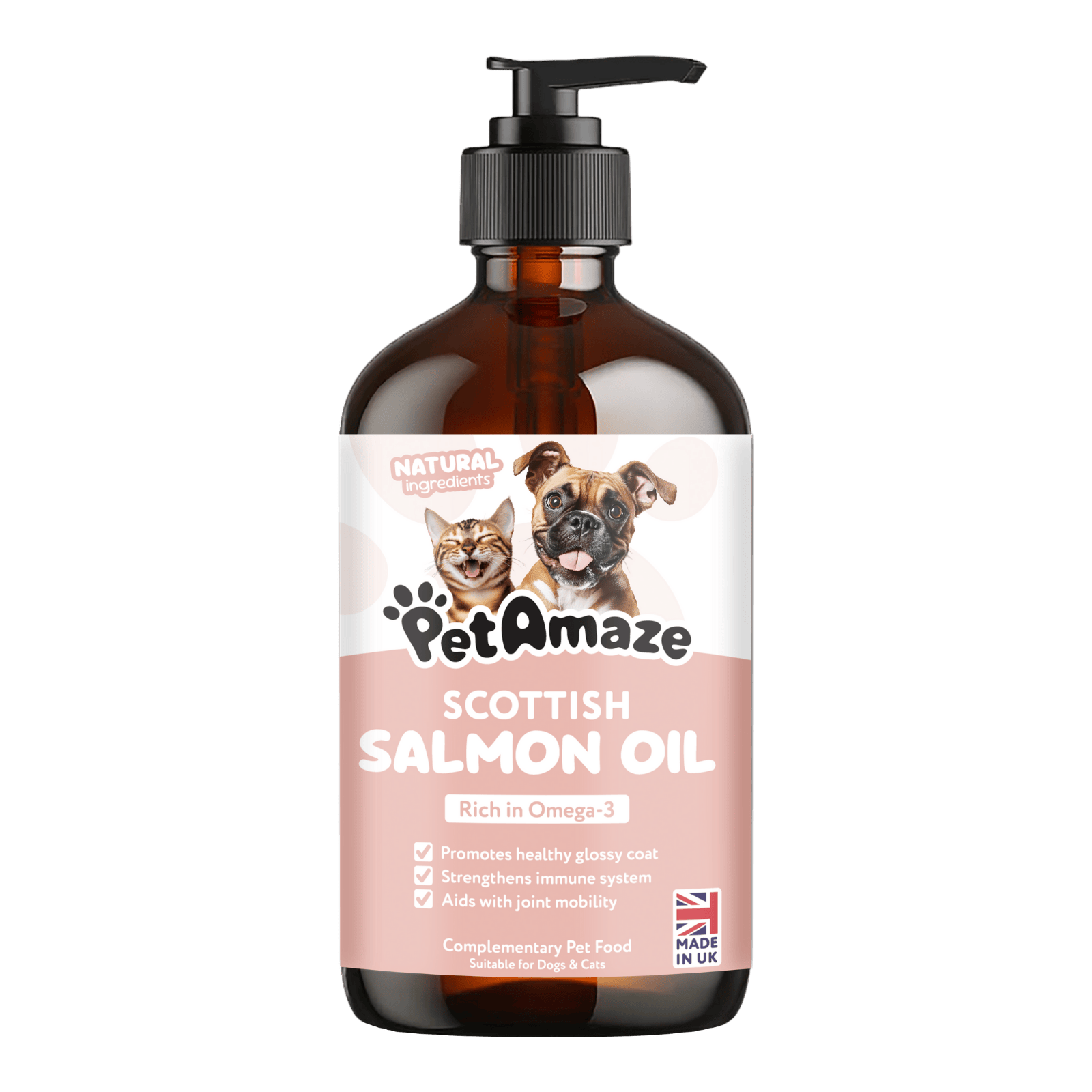 PetAmaze Scottish Salmon Oil for dogs and cats, omega-3 rich pump bottle, supports glossy coat, immunity and joint mobility