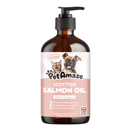 PetAmaze Scottish Salmon Oil for dogs and cats, omega-3 rich pump bottle, supports glossy coat, immunity and joint mobility