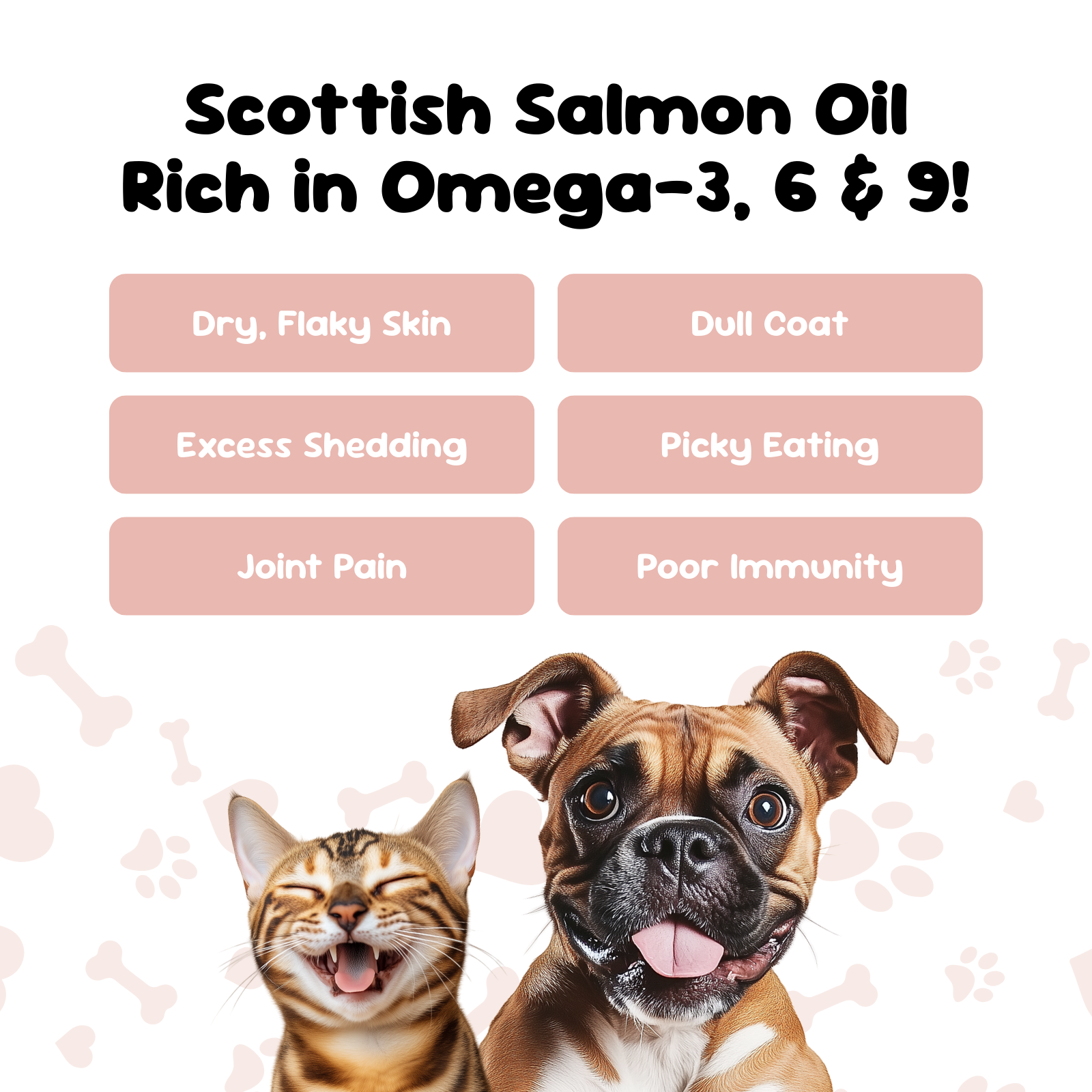 Scottish salmon oil benefits for pets, helps with dry skin, dull coat, excess shedding, picky eating, joint pain and low immunity