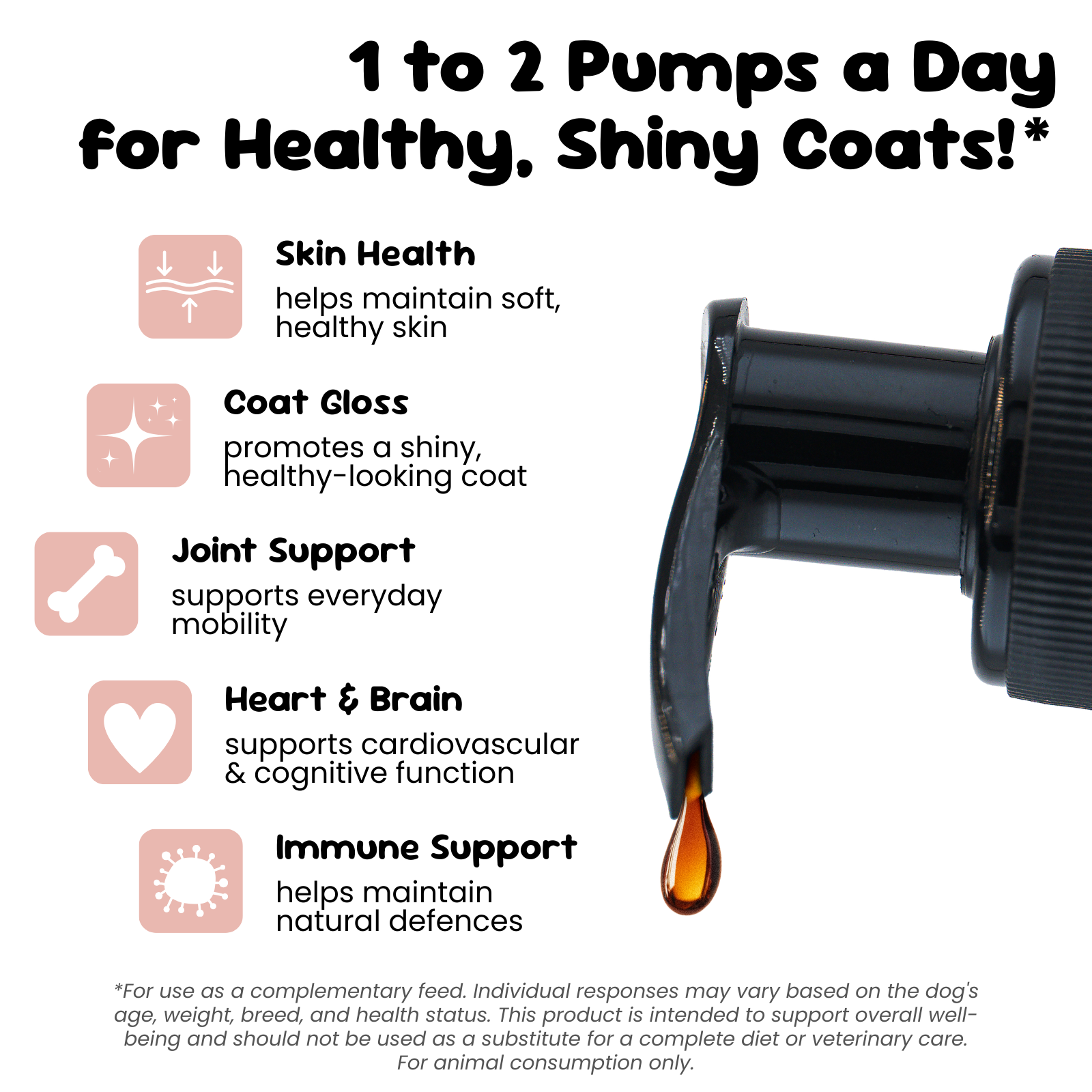 1 to 2 pumps a day of salmon oil for pets, supports skin health, shiny coat, joint mobility, heart and brain and immune defences