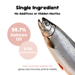 Single ingredient fresh Scottish salmon oil, 99.7 percent salmon oil with 0.3 percent antioxidants, no additives