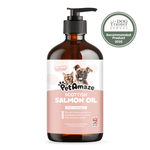 Bottle of PetAmaze Scottish Salmon Oil for pets with a pump on a white background.
