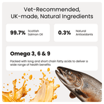 Product label with Scottish Salmon Oil and natural antioxidants on a white background