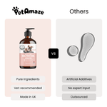 Comparison of PetAmaze salmon oil bottle with other products on a white background