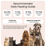 Feeding guide for dogs and cats with images of various pets on a pink background