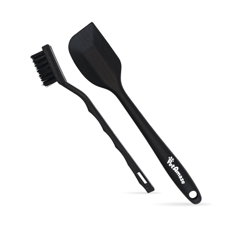 PetAmaze silicone spatula and cleaning brush on a white background