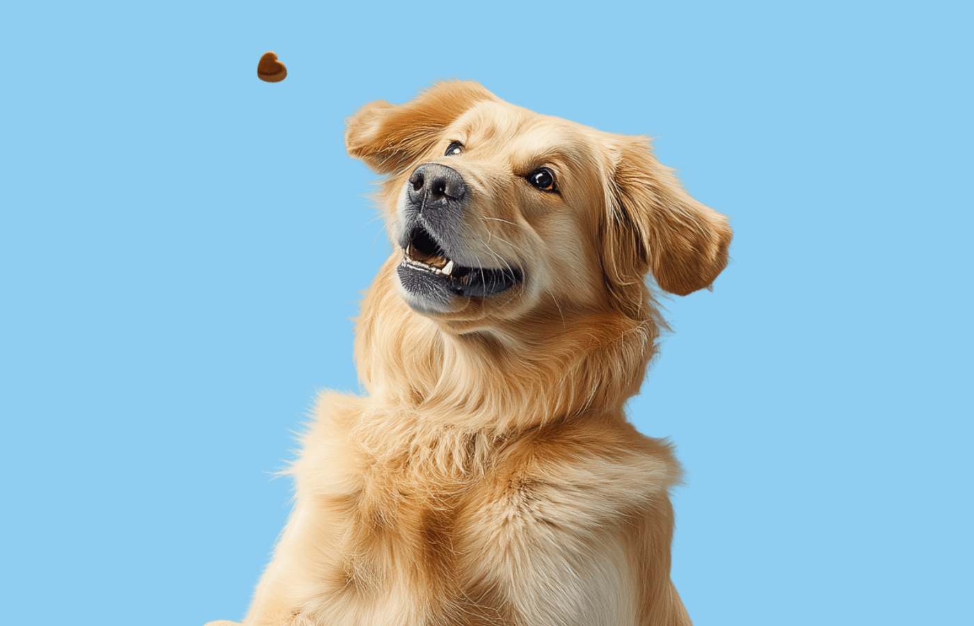 Golden retriever looking up at a heart shapped PetAmaze chew on a blue background