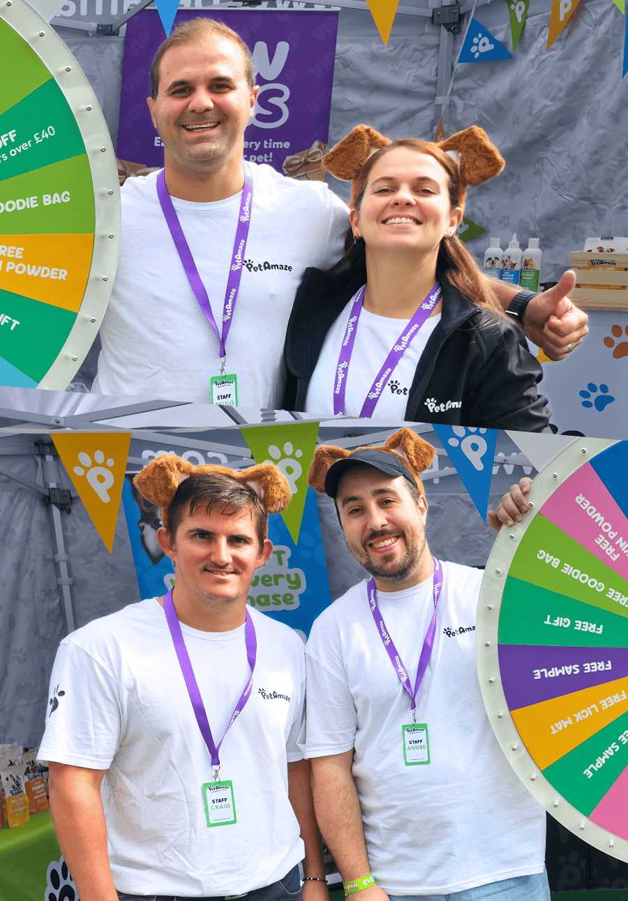 Four people wearing animal ears and lanyards, with a colorful wheel and branded backdrop.
