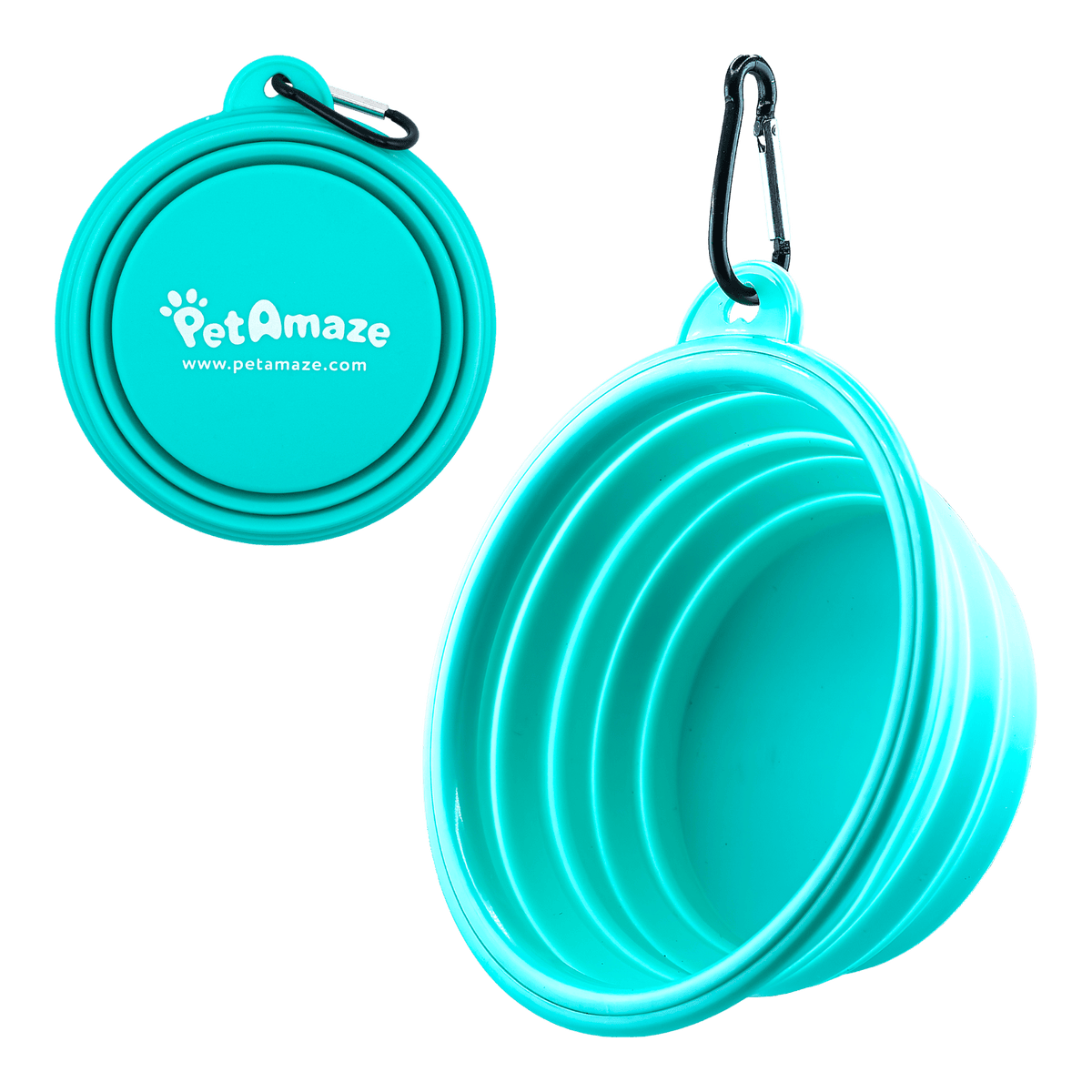 PetAmaze collapsible travel bowl, teal silicone with carabiner, portable food and water bowl for dogs and cats
