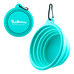 PetAmaze collapsible travel bowl, teal silicone with carabiner, portable food and water bowl for dogs and cats