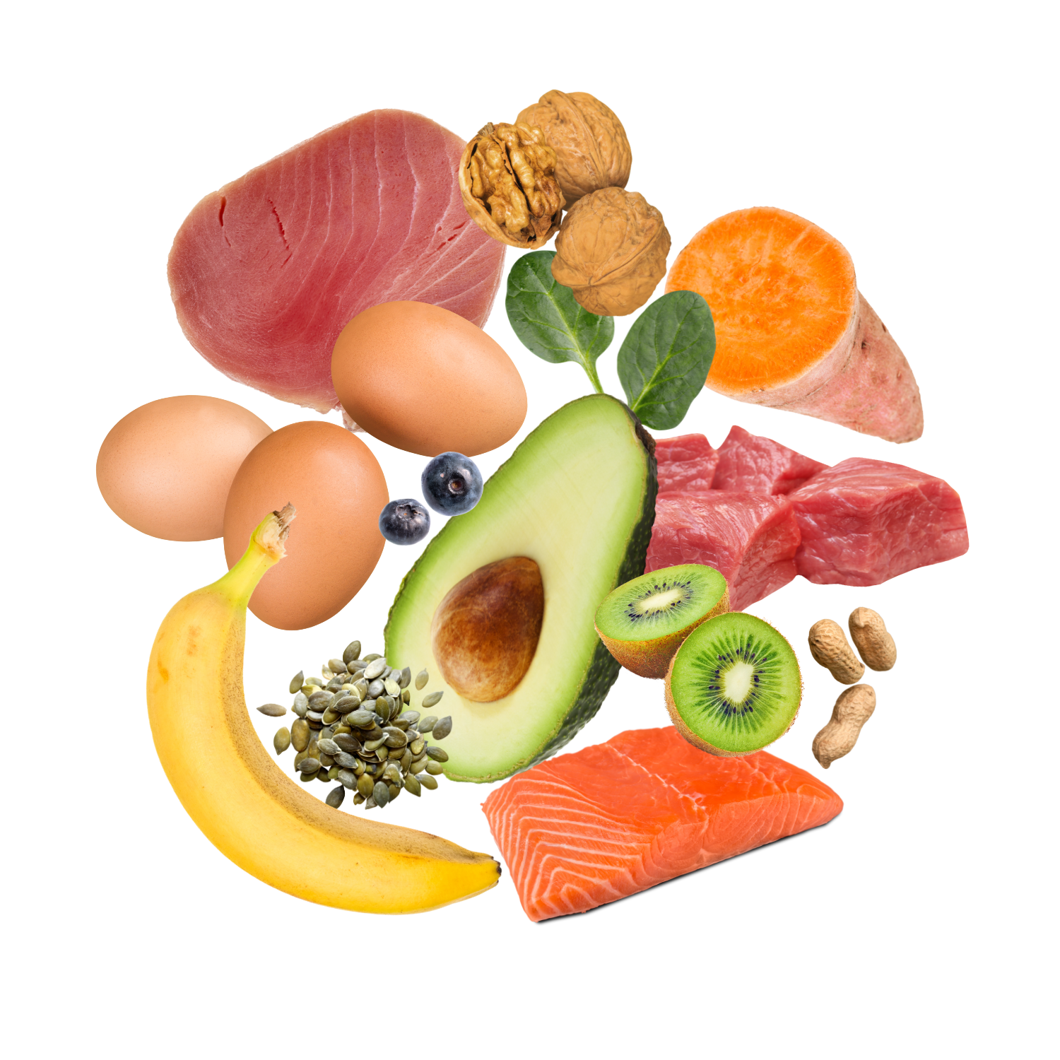 Assorted foods including meat, eggs, fruits, and nuts on a white background