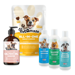 Collection of PetAmaze pet care products including chews, salmon oil, ear cleanser, shampoo, and dental solution