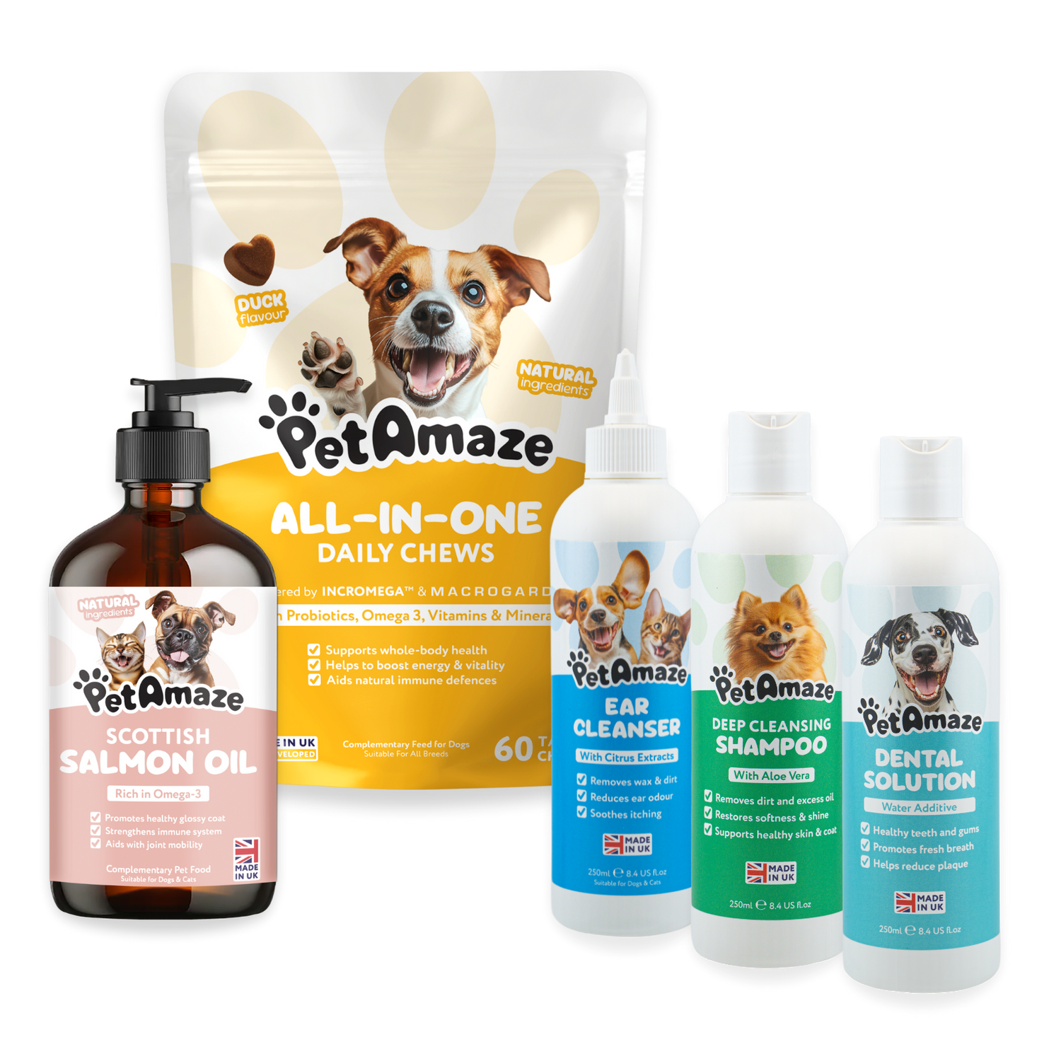 Collection of PetAmaze pet care products including chews, salmon oil, ear cleanser, shampoo, and dental solution