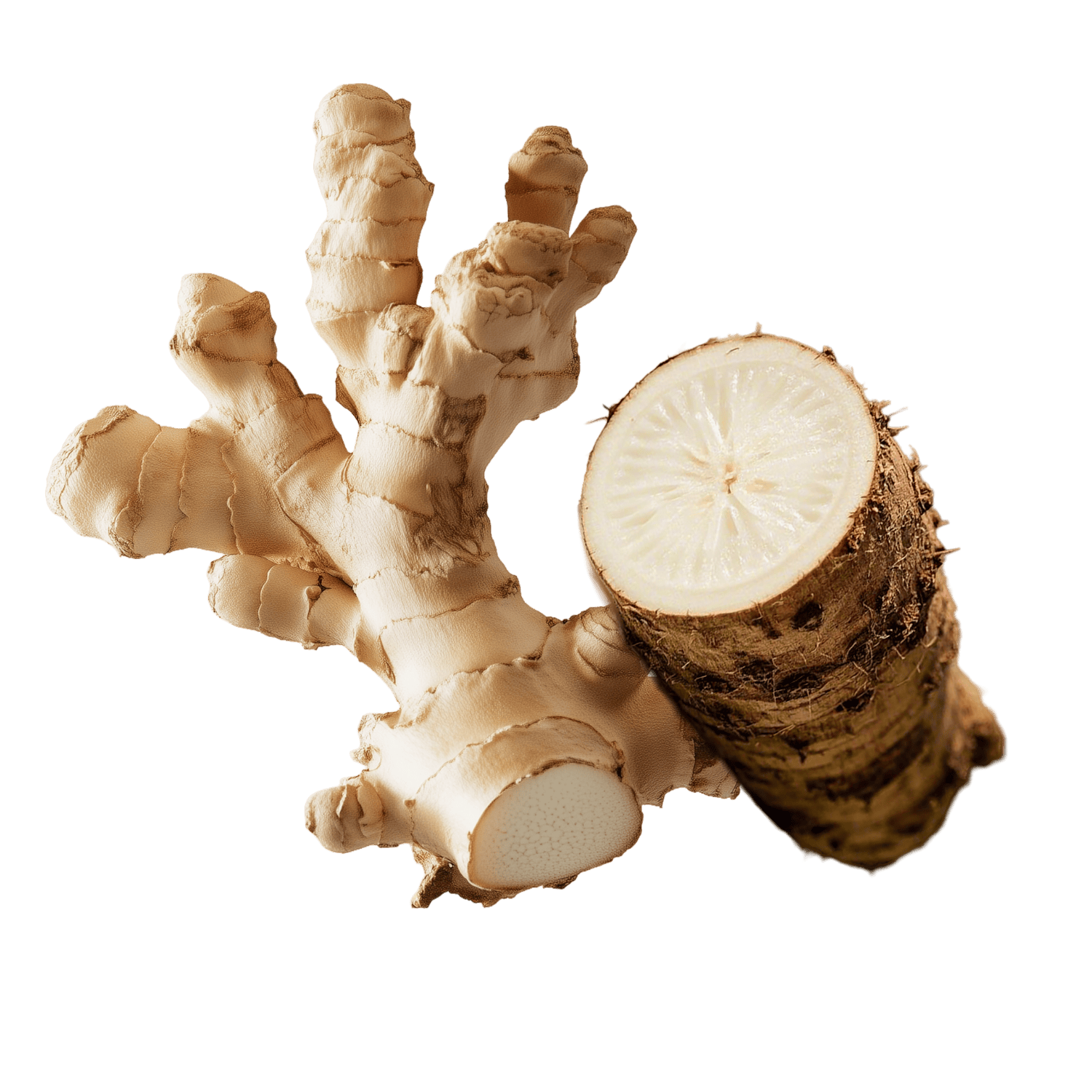 Ginger root with a cross-section on a transparent background