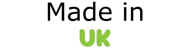 Text 'Made in UK' with 'UK' in green on a white background