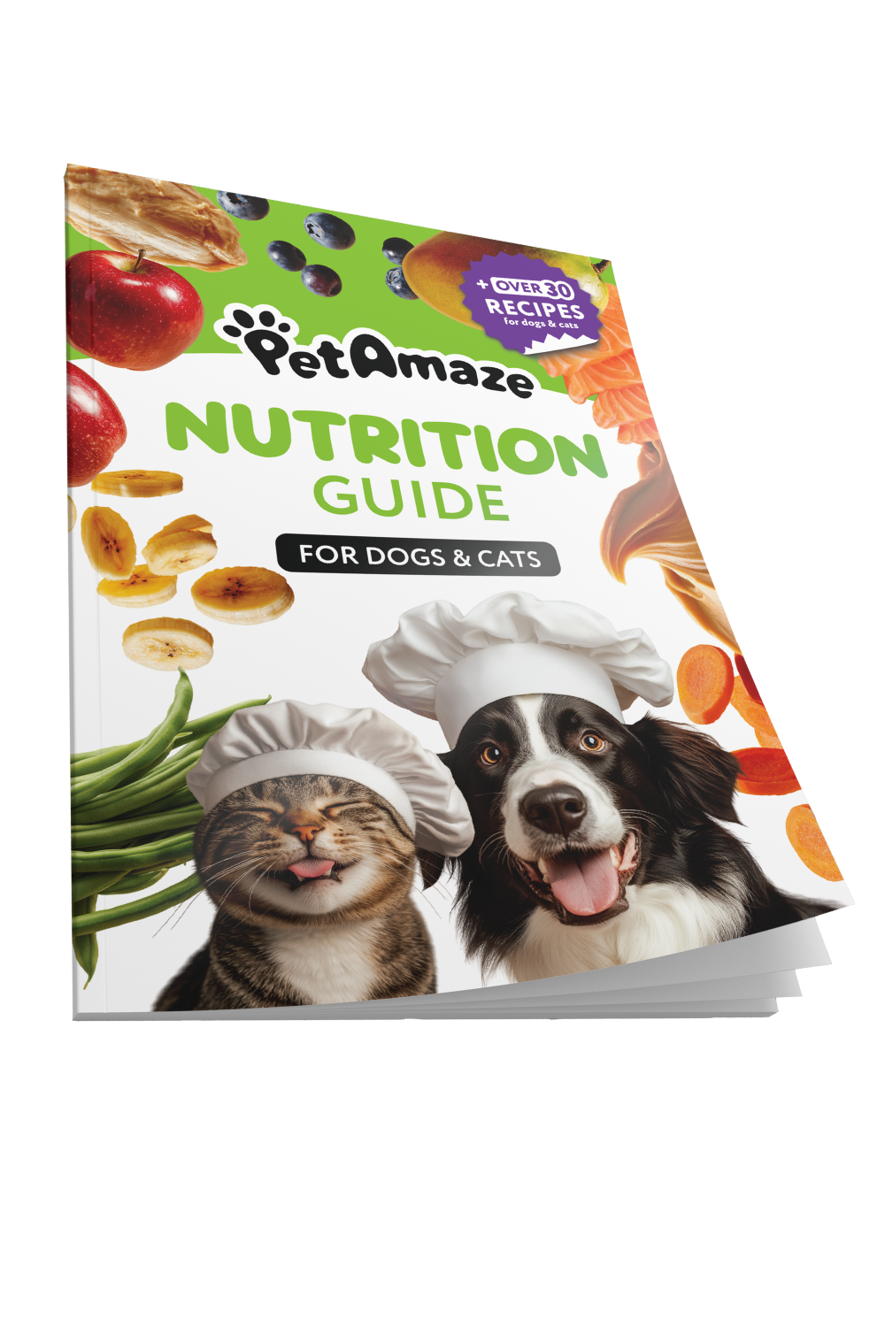 PetAmaze Nutrition Guide for dogs and cats with images of a dog and cat wearing chef hats on a colorful background.